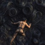 tiny man wanderts through the thicket of a giantesses pubic hair
