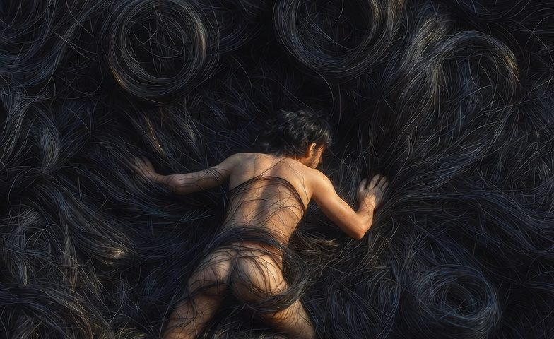 tiny man wanderts through the thicket of a giantesses pubic hair
